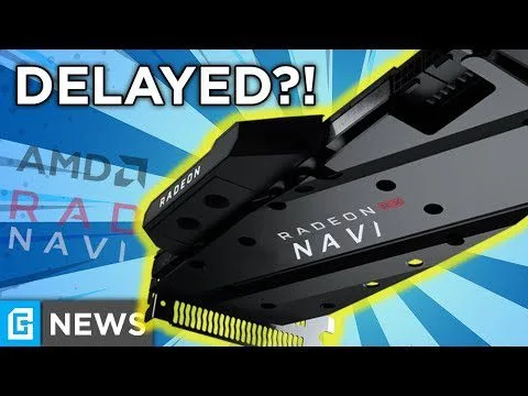 Progressive Robot graphic showing a Radeon Navi GPU with the headline “DELAYED?!” and “G NEWS” logo.
