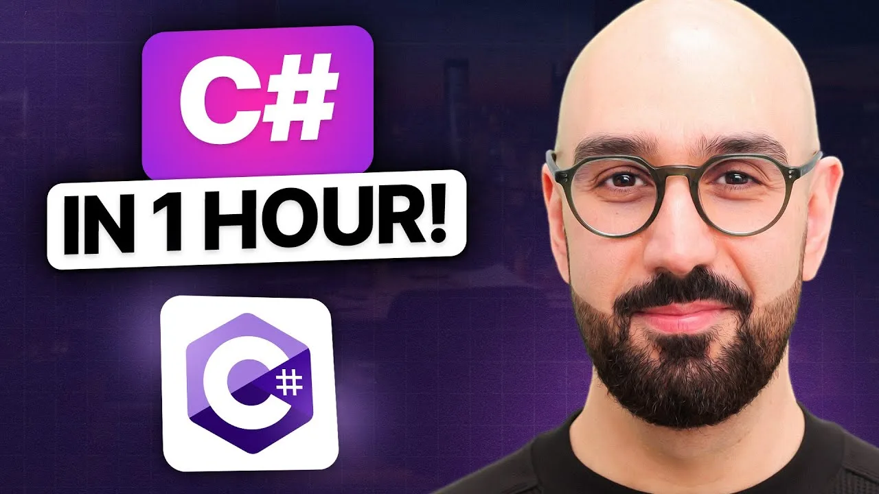 progressive Robot C# tutorial thumbnail with text C# and IN 1 HOUR!, C# logo, and a bald man with glasses and beard on the right