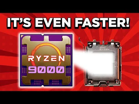 progressive Robot graphic with bold text “IT’S EVEN FASTER!” above Ryzen 9000 and AMD Ryzen CPU images on red background