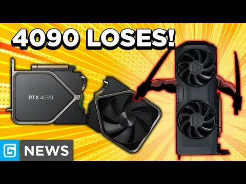 Progressive Robot thumbnail showing “4090 LOSES!” with RTX 4090 graphics card images on a yellow burst background and a red comparison arrow.