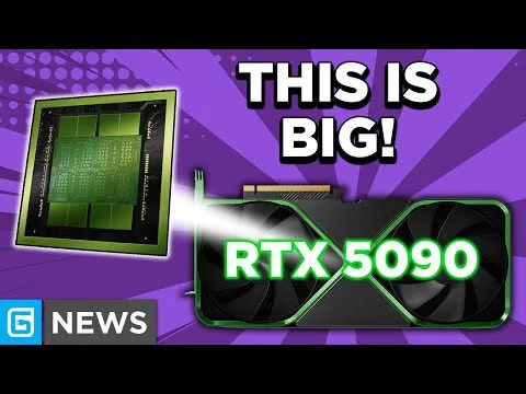 progressive Robot thumbnail showing a large GPU labeled RTX 5090 with the text THIS IS BIG! and a chip image, plus G NEWS logo