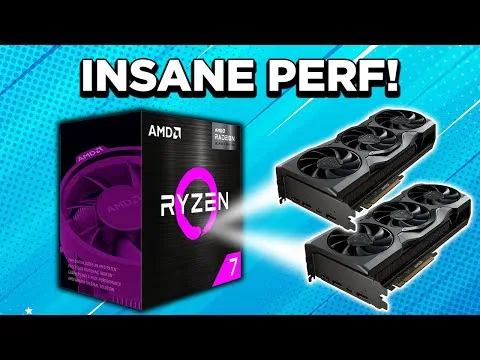 progressive Robot, Ryzen 7 CPU box on left and two graphics cards on right under text “INSANE PERF!”
