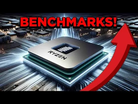 progressive Robot, Ryzen CPU chip on motherboard with “BENCHMARKS!” text and a large red upward arrow