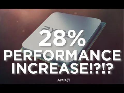 Progressive Robot, AMD Ryzen CPU chip with large text reading 28% PERFORMANCE INCREASE!?!?