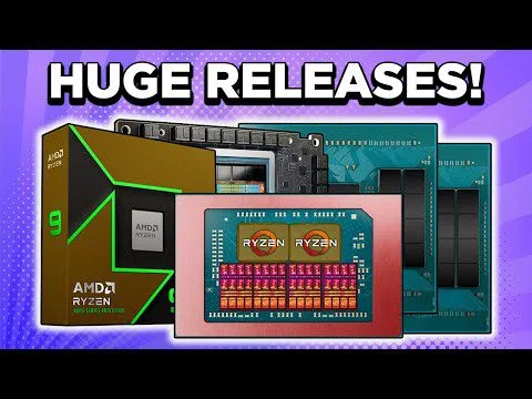 progressive Robot Huge Releases text above AMD Ryzen processors and chips on a purple background