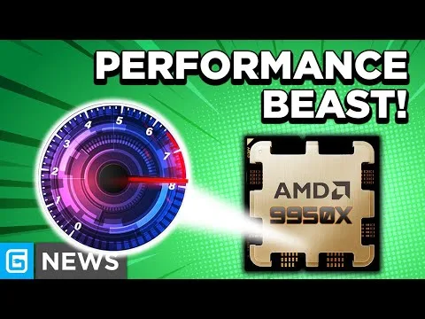 progressive Robot graphic with speedometer dial, AMD Ryzen 9950X chip, and headline text Performance Beast!