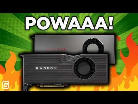 Progressive Robot, POWAAA! text above two Radeon graphics cards with orange flames on a green background