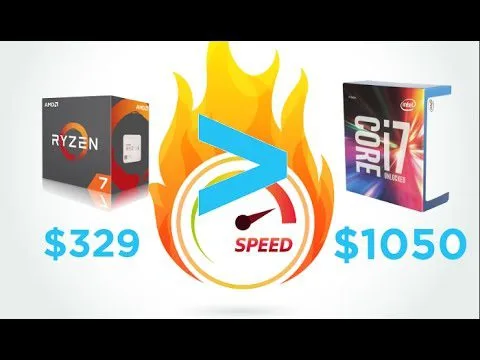 progressive Robot comparing Ryzen 7 ($329) vs Intel Core i7 ($1050) with a speed gauge and flames in the center