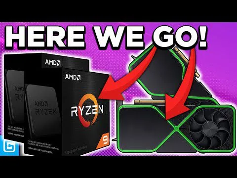 progressive Robot, graphic saying HERE WE GO! with AMD Ryzen boxes and arrows pointing to a PC cooling fan and case