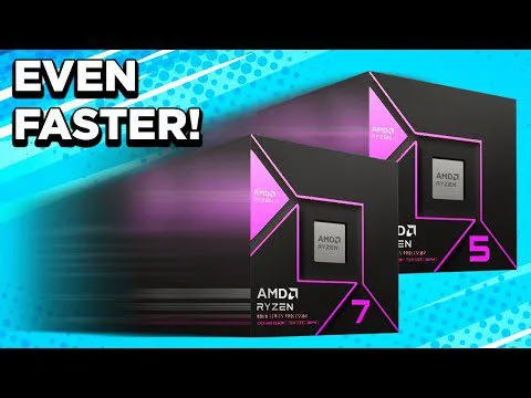 Progressive Robot, promotional graphic reading EVEN FASTER! with three AMD Ryzen processor boxes labeled 7 and 5 on a blue background