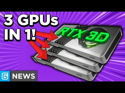 Progressive Robot, three stacked GPUs with arrows and text “3 GPUs in 1!” and “RTX 3D” on a purple background