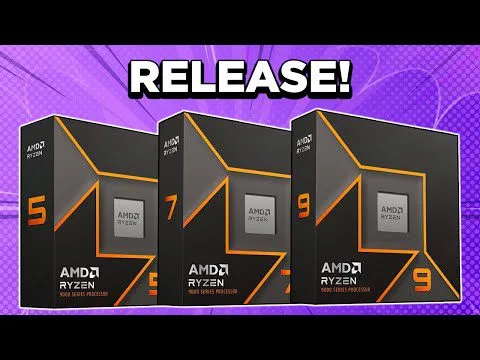 progressive Robot graphic showing AMD Ryzen 5, 7, and 9 processor boxes with the word RELEASE! above them