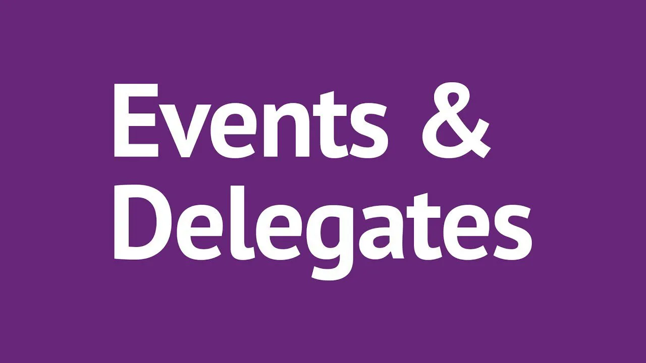progressive Robot purple slide with large white text reading Events & Delegates