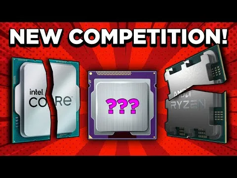 progressive Robot graphic showing Intel Core and AMD Ryzen chips with a mystery CPU labeled “???” and the text “NEW COMPETITION!”