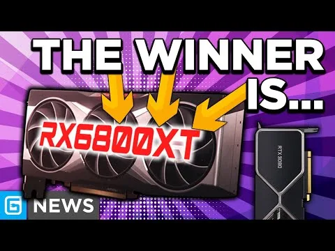 Progressive Robot, thumbnail with text THE WINNER IS... pointing to an RX 6800 XT graphics card and an RTX 3080 on the side