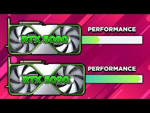progressive Robot comparison graphic showing RTX 5080 and RTX 5090 GPUs with performance bars on a pink background