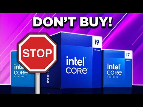 Progressive Robot graphic with “DON’T BUY!” text, a STOP sign, and Intel Core processor boxes labeled i9 and i7.