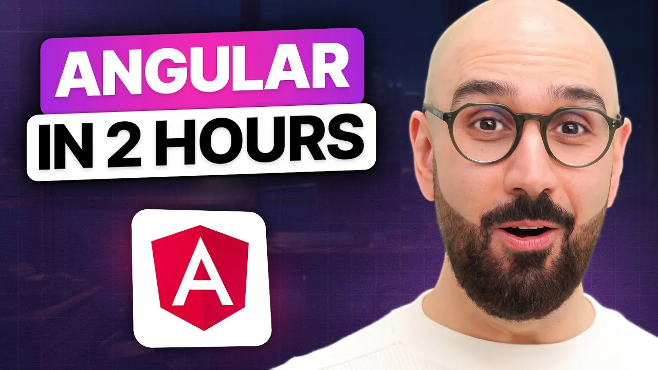 progressive Robot, thumbnail with text “ANGULAR IN 2 HOURS,” Angular logo, and a bald man with glasses on the right