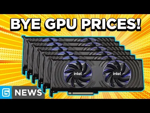 progressive Robot banner saying BYE GPU PRICES! above a stack of Intel graphics cards on an orange burst background, G NEWS logo