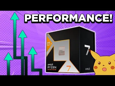 Progressive Robot, AMD Ryzen 7 processor box with upward arrows and the word PERFORMANCE, plus Pikachu in the corner