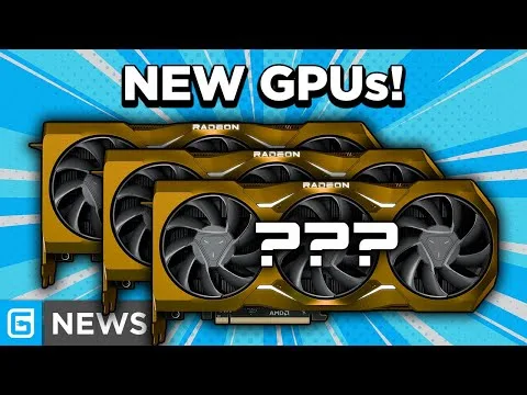 progressive Robot graphic of three Radeon-style GPUs with large NEW GPUs! headline and ??? on the front card