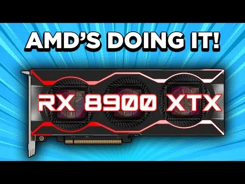 progressive Robot, AMD's doing it! RX 8900 XTX graphics card with three fans on a blue background.