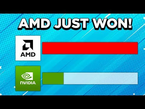 progressive Robot graphic showing “AMD JUST WON!” with AMD and Nvidia logos and a longer red bar above a shorter green bar