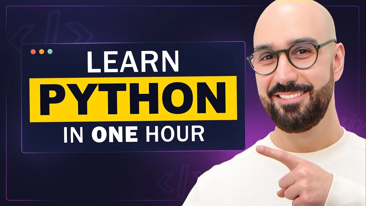 progressive Robot banner reading Learn Python in One Hour, with a smiling bearded man in glasses pointing to the text