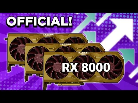 progressive Robot official RX 8000 graphics card announcement with three GPU images on a purple background with arrows