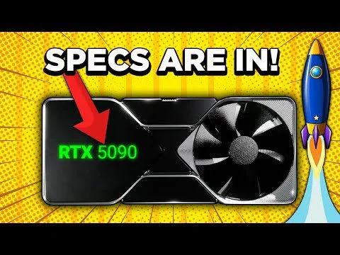 progressive Robot graphic of an RTX 5090 card with arrow, “SPECS ARE IN!” text, and a rocket on a yellow background