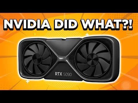Progressive Robot, NVIDIA graphics card with “RTX 5090” text and headline “NVIDIA DID WHAT?!” on orange background