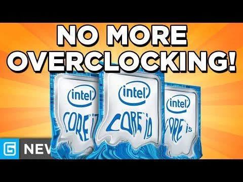 Progressive Robot graphic with text “NO MORE OVERCLOCKING!” above melting Intel Core i7, Core i9, and Core i5 chips.