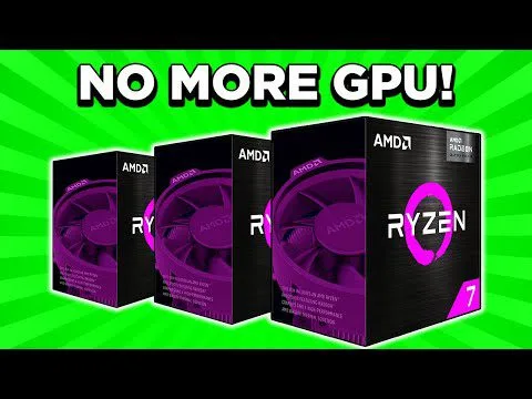 progressive Robot, green graphic with text “NO MORE GPU!” above three AMD Ryzen 7 processor boxes with purple accents
