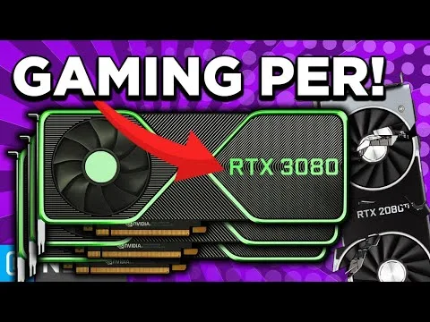 Progressive Robot, gaming performance graphic showing RTX 3080 GPU with red arrow and “GAMING PER!” text on purple background