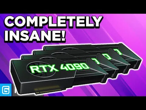 progressive Robot, three RTX 4090 graphics cards stacked on a purple background with the text "COMPLETELY INSANE!"