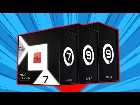 progressive Robot AMD Ryzen 7 processor box with three black boxes showing a white 9 logo on a blue background