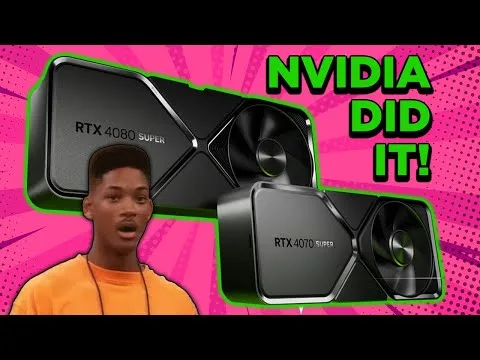 Progressive Robot, two Nvidia RTX Super graphics cards with bold text “NVIDIA DID IT!” on a pink comic-style background.