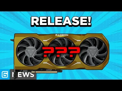 progressive Robot, graphic of a three-fan Radeon GPU with “RELEASE!” and red “???” over it on a blue burst background