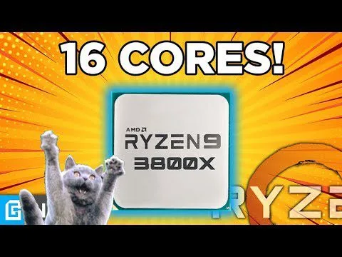 Progressive Robot thumbnail showing “16 CORES!” above an AMD Ryzen 9 3800X chip, with a cheering cat on an orange burst background
