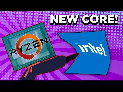 Progressive Robot holding a Ryzen chip and pointing at an Intel logo under the headline NEW CORE!