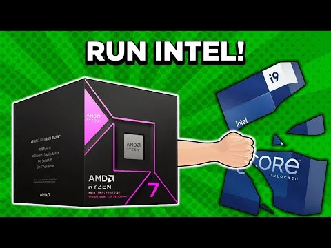 Progressive Robot, graphic with text “RUN INTEL!” showing an AMD Ryzen 7 box and a fist smashing Intel Core i9 chips