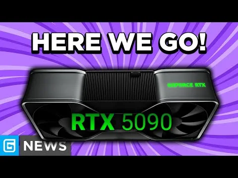 progressive Robot thumbnail with GPU labeled RTX 5090 and text HERE WE GO! above it on a purple burst background