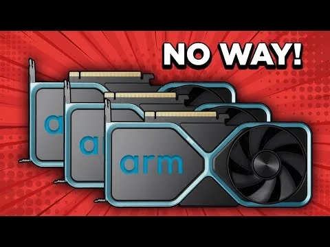 Progressive Robot stack of Arm graphics cards with large cooling fans, on a red background with text "NO WAY!"