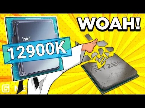 progressive Robot holding an Intel i9-12900K chip while a cracked AMD Ryzen chip explodes, with “WOAH!” text on yellow burst background