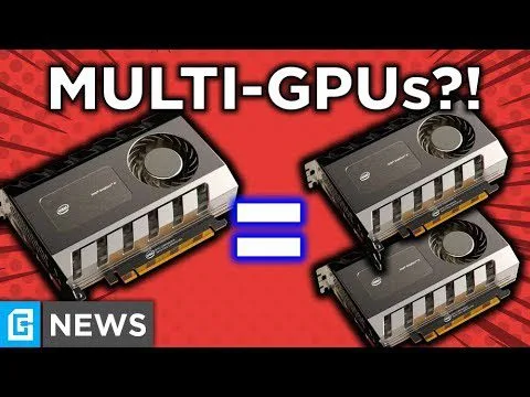 Progressive Robot thumbnail with “MULTI-GPUs?!” text, one GPU on left equals two GPUs stacked on right, G NEWS logo.