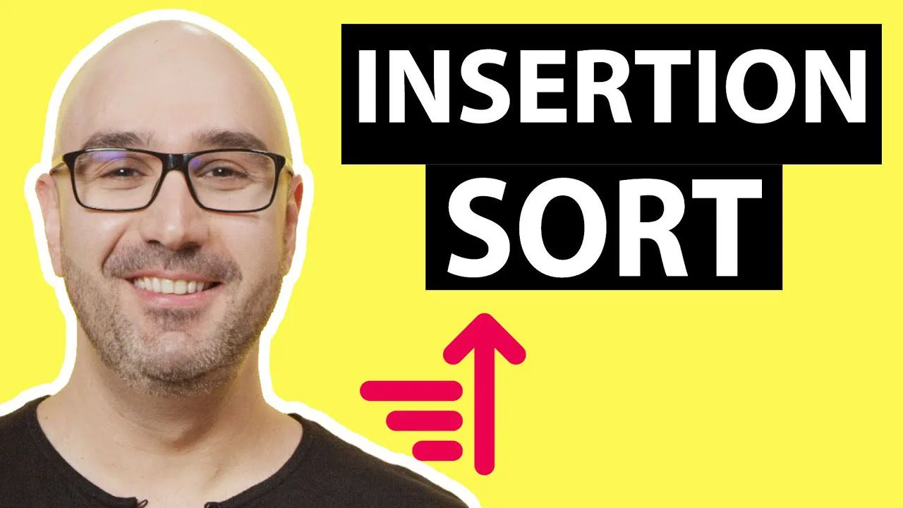 progressive Robot smiling bald man in glasses beside bold text “INSERTION SORT” on yellow background with red arrow icon