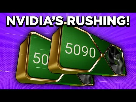 Progressive Robot graphic of NVIDIA GPUs labeled 5090 and 50 with the text NVIDIA'S RUSHING! on a purple background