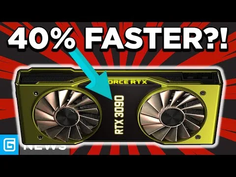 progressive Robot thumbnail with “40% FASTER?!” text and an arrow pointing to an NVIDIA GeForce RTX 3090 graphics card