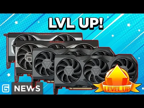 Progressive Robot: Three stacked Radeon graphics cards under “LVL UP!” with a “G NEWS” logo and “LEVEL UP” gem badge.