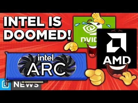 Progressive Robot graphic with text “INTEL IS DOOMED!” and Intel Arc, Nvidia, and AMD logos on a red background